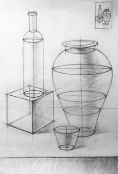 a pencil drawing of two vases and a bottle