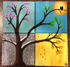 four paintings with different trees painted on them