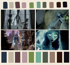 Cool vibrant dark color palette for the Tim Burton movie Corpse Bride johnny depp timburton zombie goth cinematography color colour colorpallete The Corpse Bride Color Palette, Tim Burton Color Scheme, Corpse Bride Colors, Corpse Bride Color Scheme, Tim Burton Colour Palette, 15 Color Palette, Tim Burton Moodboard, Halloween Colour Scheme, Corpse Bride Color Palette