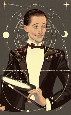 a man in a tuxedo is holding a wand and wearing a bow tie