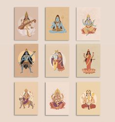 six cards with images of hindu deities and their names in different colors, on a beige background