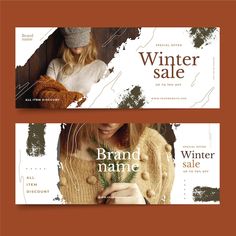 two banners for winter sale with woman in sweater