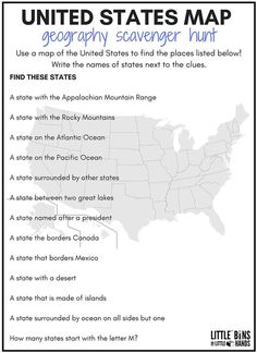 the united states map is shown in black and white, with information about each state