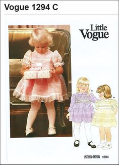 "Little Vogue 1294 Toddler Girl's Party, Wedding Dress Vintage 80s Sewing Pattern This pattern is: New Factory Fold Envelope is Torn on Edges My environment is Smoke and Pet Free Toddler Size 2 Breast 20\" Pattern Description: Pattern and instructions for sewing Toddler Dress: Dress, above mid-knee, has collar, fitted tucked bodice, slightly flared tucked skirt, back zipper and short tucked sleeves. Purchased trim and ribbon belt. View A: neck and hem ruffle and attached underskirt. View B: cont Pattern Grading, Party Wedding Dress, Wedding Dress Vintage, Vintage Kids Clothes, Vintage Girls Dresses, Vintage Toddler, Bookmarks Kids, Dress Making Patterns, Kids Couture