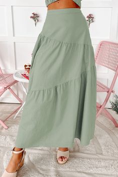 Summer Days Require Bottoms Like This Sage, Tiered Maxi Skirt! $46, FAST AND FREE US SHIPPING! Tiered Maxi Skirt, Matching Top