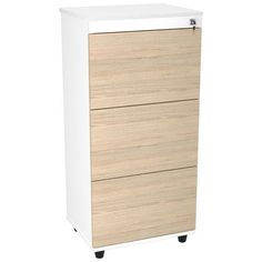 a white and wood cabinet with wheels on the bottom, in front of a white background