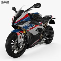 a white and blue motorcycle is shown on a white background with the words hum 3d above it