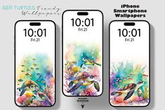 three phone cases with sea turtles and fish on them, one is showing the time