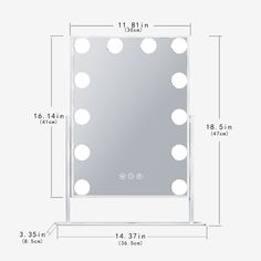 the vanity mirror is shown with lights on it and measurements for each item to be displayed