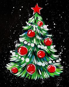 a painting of a christmas tree with red and white ornaments