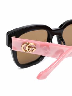 Black / light pink acetate square-frame sunglasses from GUCCI EYEWEAR featuring square frame, brown tinted lenses and interlocking GG logo at the temples. These glasses come with a protective case.. | Gucci Eyewear Square-Frame Sunglasses Gucci Sunglasses Women, Gucci Glasses, Fashion Eye Glasses, Gucci Eyewear, Gg Logo, Pink Sunglasses, Alessandro Michele, Gucci Sunglasses, Brand Style