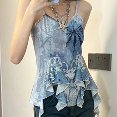 Olivia Mark - Blue Floral Print Top with Ruffled Hem and Knitted Collar Design Tank Tops 2000s, Aesthetic Corset Top, Off Shoulder Y2k, Vest Aesthetic, Aesthetic Corset, Fashion Vest, Y2k Tank, 2000s Clothes, Knitted Collar