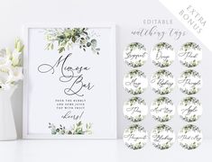 the printable wedding sign is displayed next to a vase with flowers and greenery