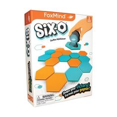 the box for six - o is shown with an orange and blue hexagonal design