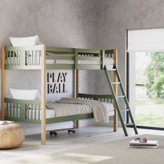 there is a bunk bed with a ladder on the bottom and a book shelf below it