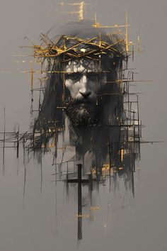 an artistic painting of a man with a crown on his head and cross in the foreground