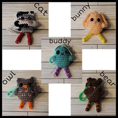 six crocheted stuffed animals are shown in different colors and sizes, with the words bunny on them