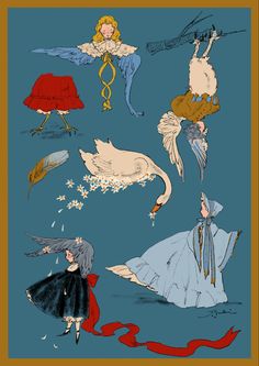 an image of women in dresses and hats with birds flying around them on a blue background