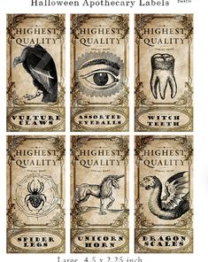 four different types of labels with an owl, raven, and other animals on them