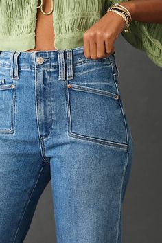 93% cotton, 5% polyester, 2% elastane Front slant pockets Back patch pockets Zip front Machine wash Imported | Anessa High-Rise Wide-Leg Crop Jeans by PAIGE in Blue, Women's, Size: 25, Polyester/Cotton/Elastane at Anthropologie Colored Denim Jeans, Fall Denim, Wide Jeans, Burda Style, Material Girl, Crop Jeans, Back Patch, Material Girls