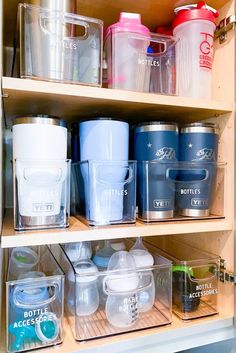 the shelves are filled with various containers and bins to store items for storage or storing