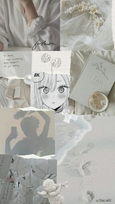 a collage with various pictures and text on it, including an image of a woman's face