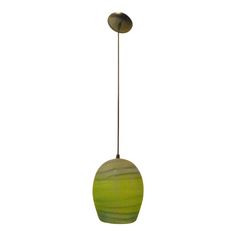 a green and white vase hanging from a metal hook on a wall or ceiling fixture