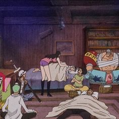 an animated scene with people sitting and standing in a living room, one person laying on the floor