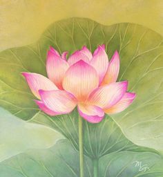 a painting of a pink lotus flower with green leaves