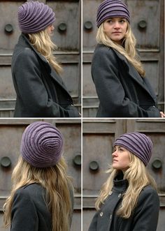 four pictures of a woman wearing a purple knitted beanie and looking at the camera