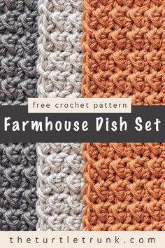 Pinterest pin for the Farmhouse Dish Set crochet pattern by The Turtle Trunk. Photo shows a close up shot of 3 crochet dish cloths in the colors dark grey, light grey, and burnt orange. Crochet Kitchen Washcloth Free Pattern, Crochet Pattern For Dish Cloths Free, Crochet Stitches For Dishcloths, Farmhouse Stitch Crochet, Easiest Crochet Dishcloth Pattern, Moss Stitch Crochet Dishcloth, Crochet Towels Bathroom, Handmade Dish Cloths, Crochet Dishcloths Easy