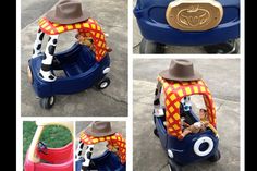 four pictures of children's toy cars in different colors and sizes, including one with a cowboy hat on top