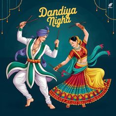 an illustration of two people dancing with the words dandiya night