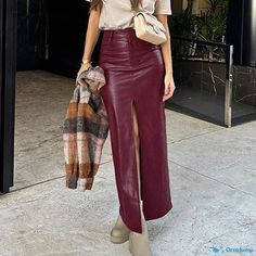 Orcajump - High-Quality Burgundy Leather Pencil Skirt with Split Hem Wine Red Skirt Outfit, Red Pencil Skirt Outfit, Midi Skirt Outfit Casual, Wine Red Skirt, Red Skirt Outfits, Fitted Maxi Skirt, Skirt With Split, Sparkly Outfits, Pu Skirt