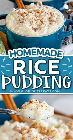 homemade rice pudding with cinnamon on top in a blue bowl and text overlay reads homemade rice pudding