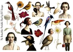 several different images of women with flowers and birds