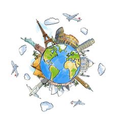 the earth surrounded by different types of travel related objects stock photo - 957982