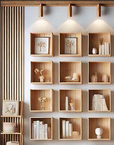 shelves with books and vases are arranged on the wall in this modern living room