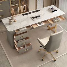 an office desk with drawers and a chair