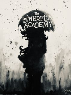 the umbrella academy logo on top of a black and white painting