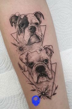 two dogs are shown on the arm and one has a flower in its mouth, while the