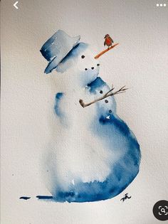 a watercolor painting of a snowman with a bird on his nose