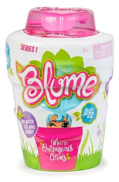 a pink and green cup with the word bleme on it's side