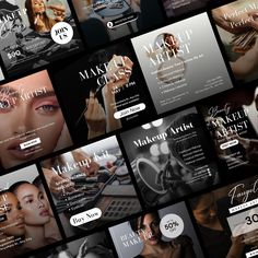 the website design for makeup artist and hair stylist is displayed in multiple squares