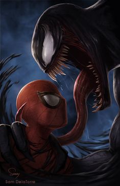 a spider - man with his mouth open next to a giant alien creature that is biting it's head