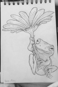 a drawing of a frog holding a flower