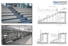 various views of stairs and railings in an industrial building, including the first floor