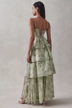 V. Chapman Caterina Corset Ruffle Dress | Anthropologie Vintage Wedding Bridesmaids Dresses, Mamma Mia Dresses, Sage Green Wedding Guest Dress, Olive Green Formal Dress, Corset Ruffle Dress, Ruffled Prom Dress, Senior Ball Dresses, Whimsical Outfit, Green Wedding Guest Dresses