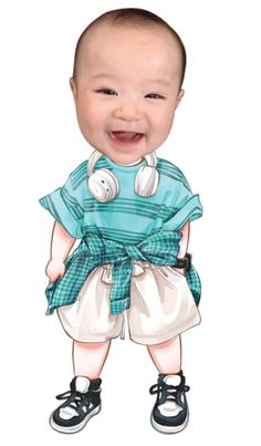 a baby with headphones is smiling and wearing a blue shirt, white shorts and black shoes