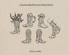 six hand drawn illustrations of boots and flowers